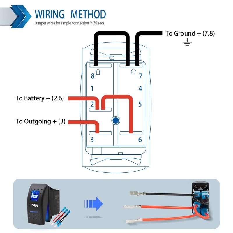 KEING Momentary Horn Button Waterproof Rocker Switch Toggle - ON/OFF Blue LED Light - 12V 20Amp 24V 10Amp, 5 Pin For Automotive Cars Vehicles Marine Boats Trucks Trailers 4x4 Caravans RVs SUV ATV UTV & More - Image 4